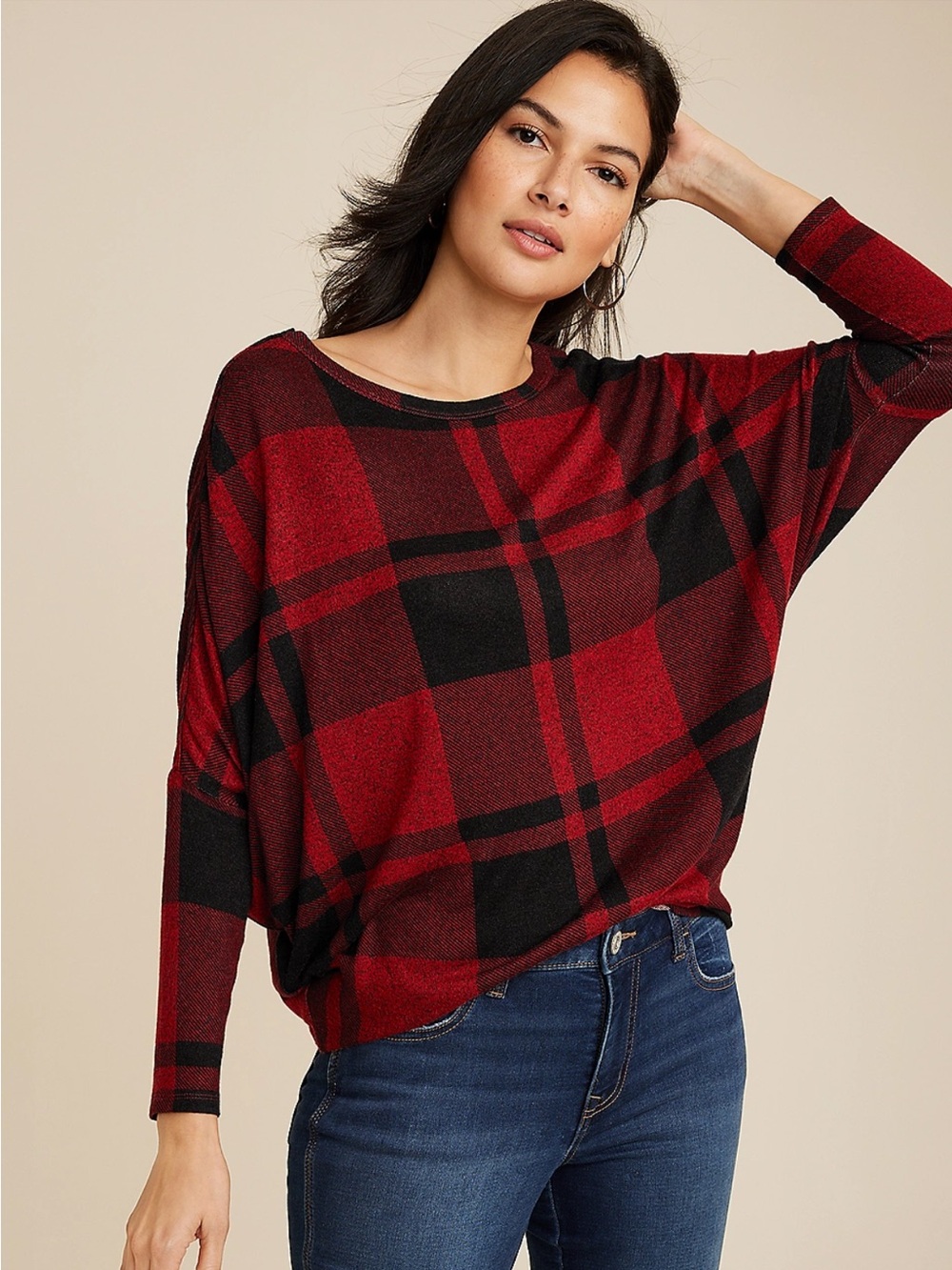Maurice’s 24/7 Dakota Batwing Buffalo Plaid Dolman Top